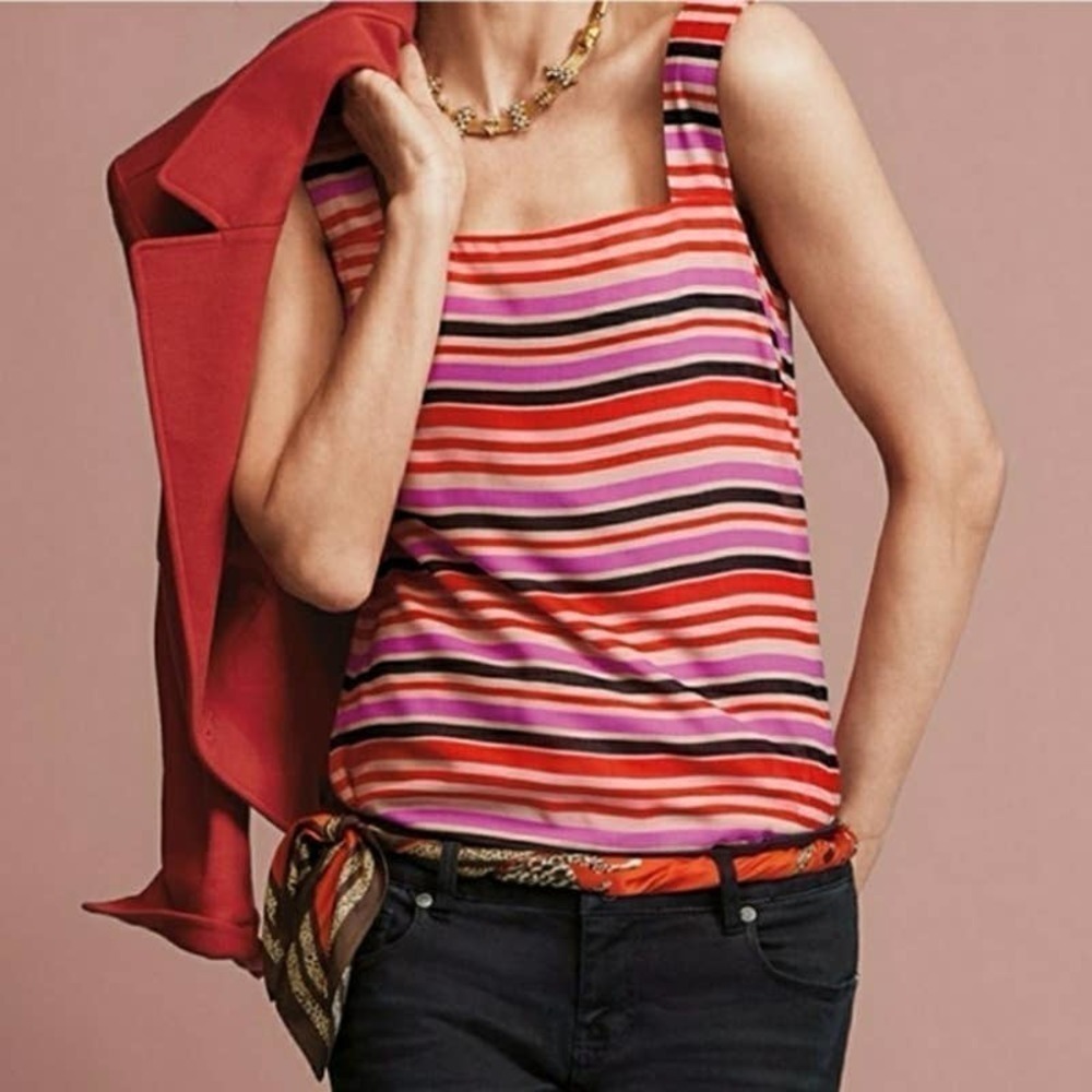 Cabi London Calling Banded Tank Top Size S Square Neck Sleeveless Striped Pink